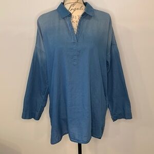 J. Jill PureJill Indigo chambray split neck popover tunic top ombré L